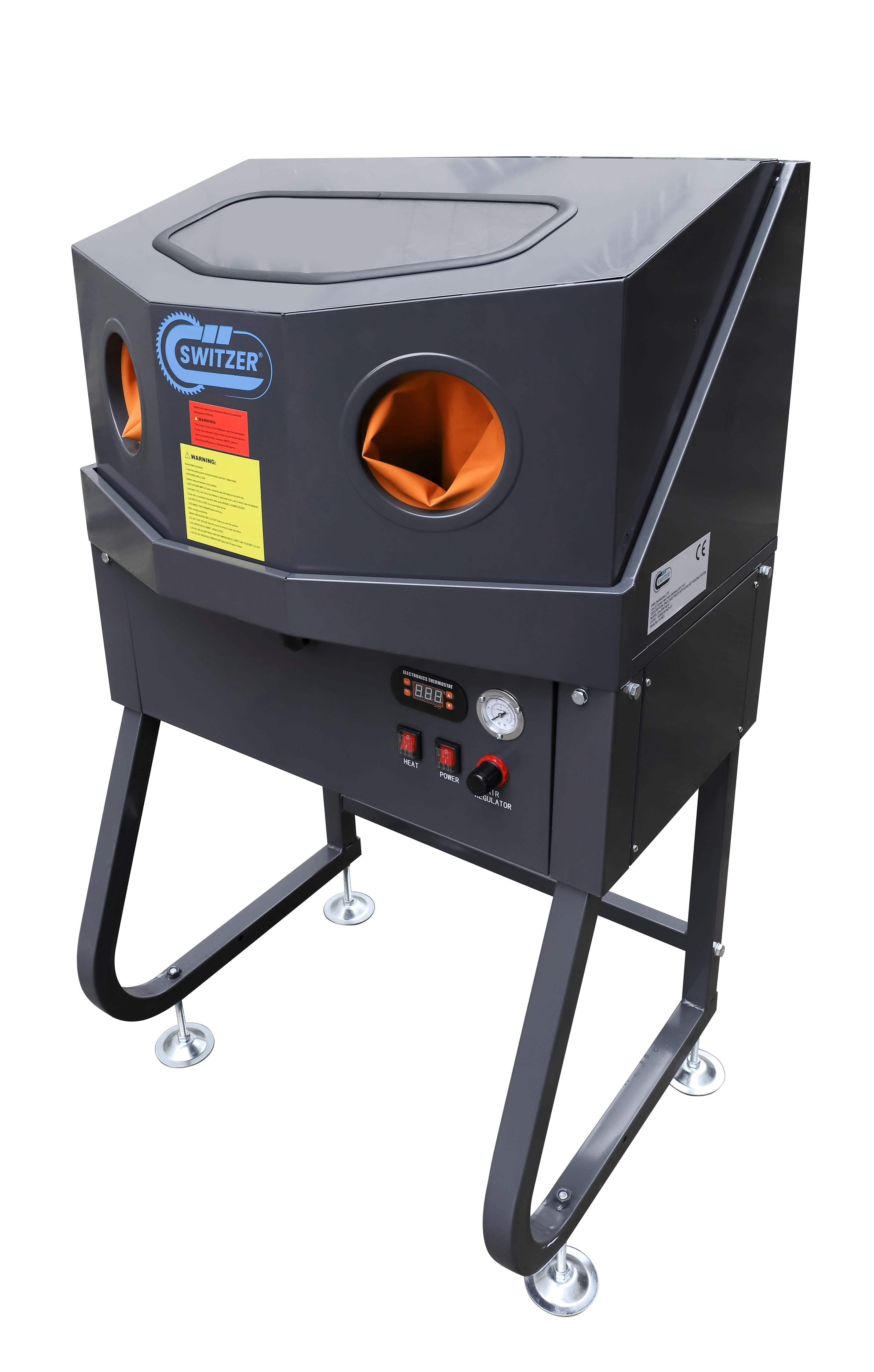 Black industrial parts washer with orange interior on a white background, featuring the Switzer brand.