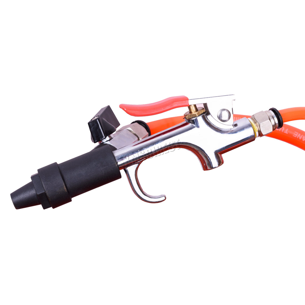 Industrial parts washer with spray gun with black nozzle and red handle on a white background