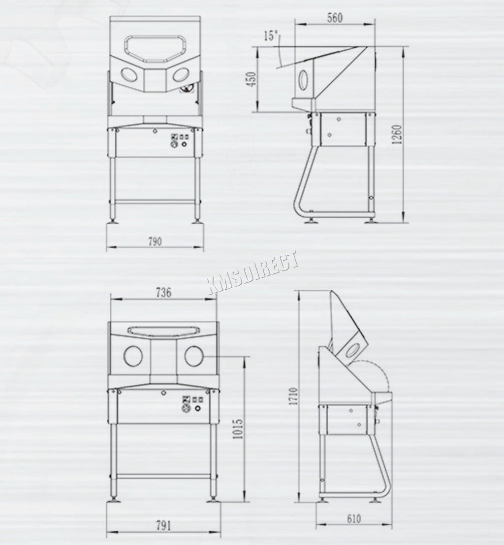 Technical drawing of an industrial parts washer with dimensions on a white background