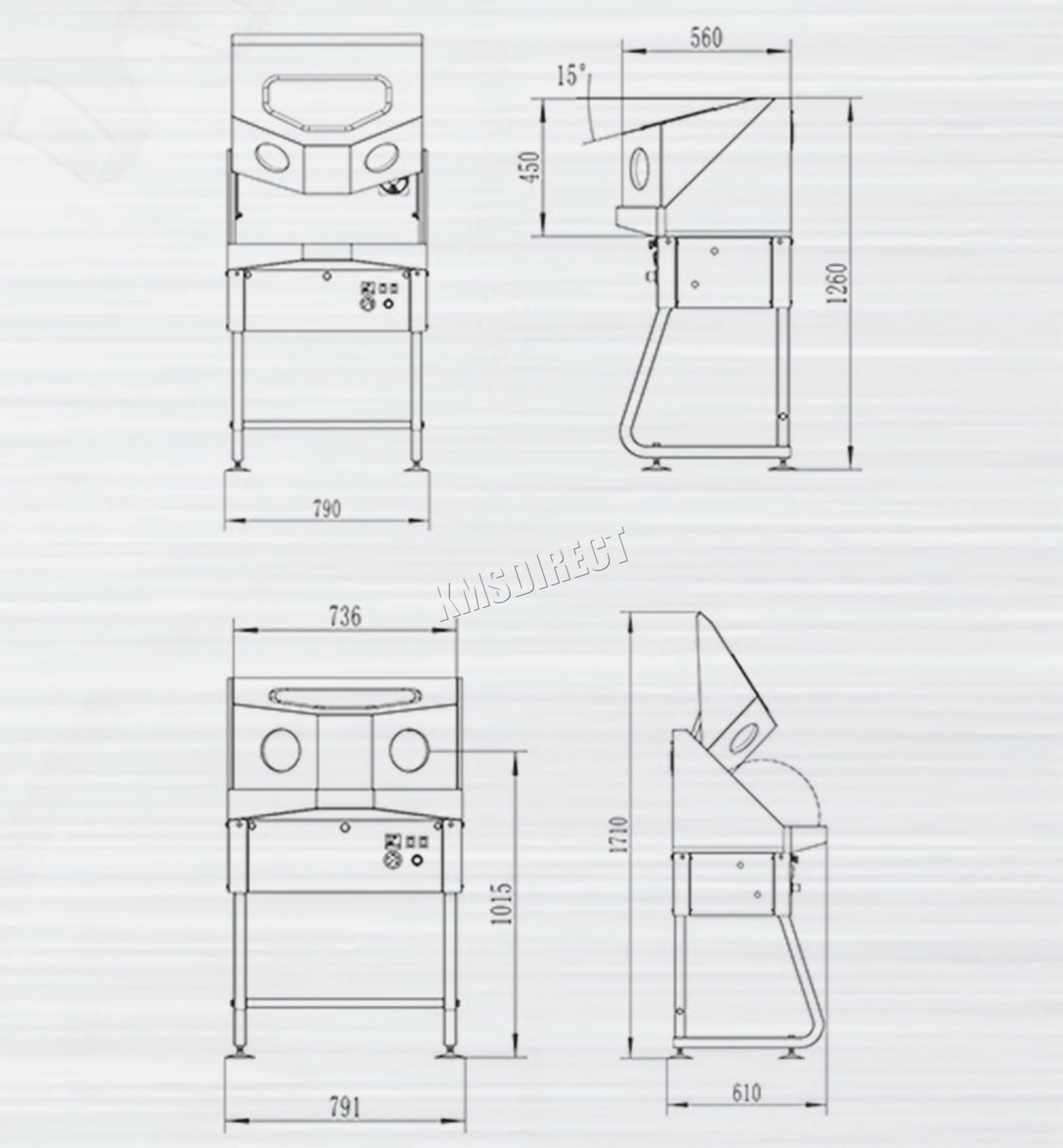 Technical drawing of an industrial parts washer with dimensions on a white background