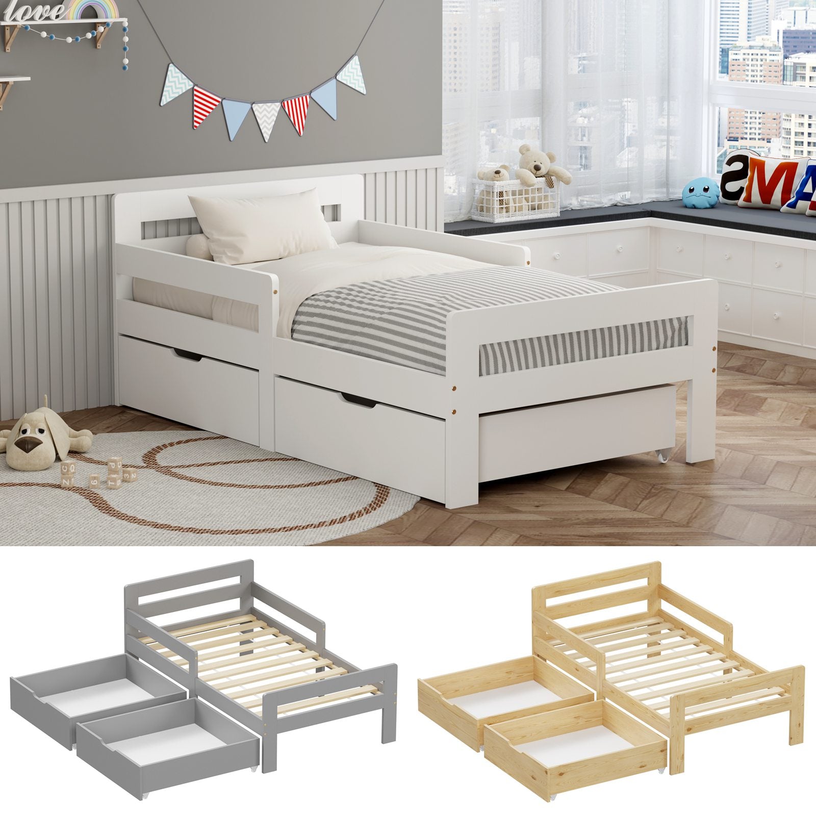 WestWood Wooden Junior Bed Frame Only with Storage Drawer 02