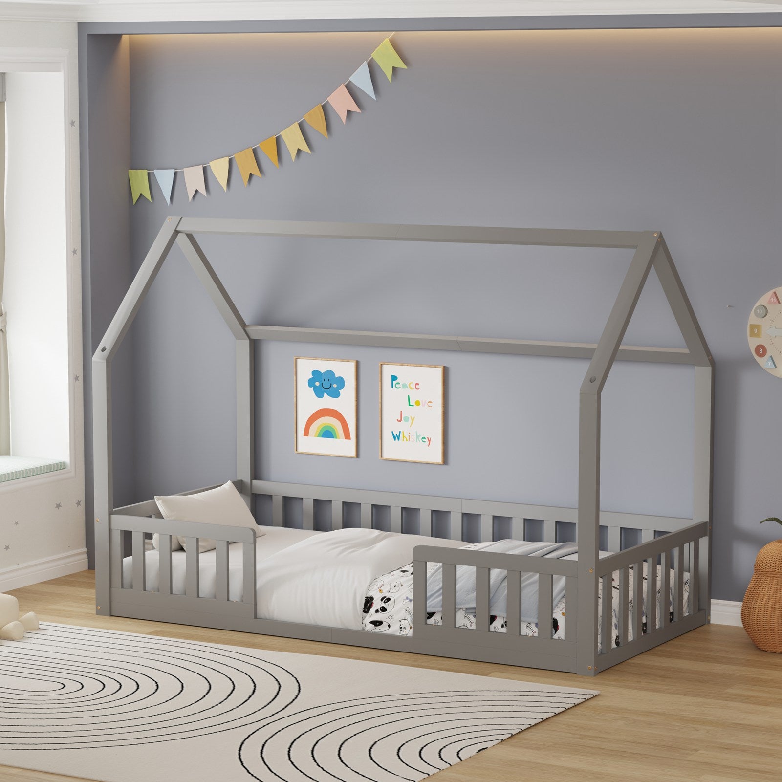 WestWood Wooden House Shaped Toddler Bed Frame with Split Safety Guard Rail