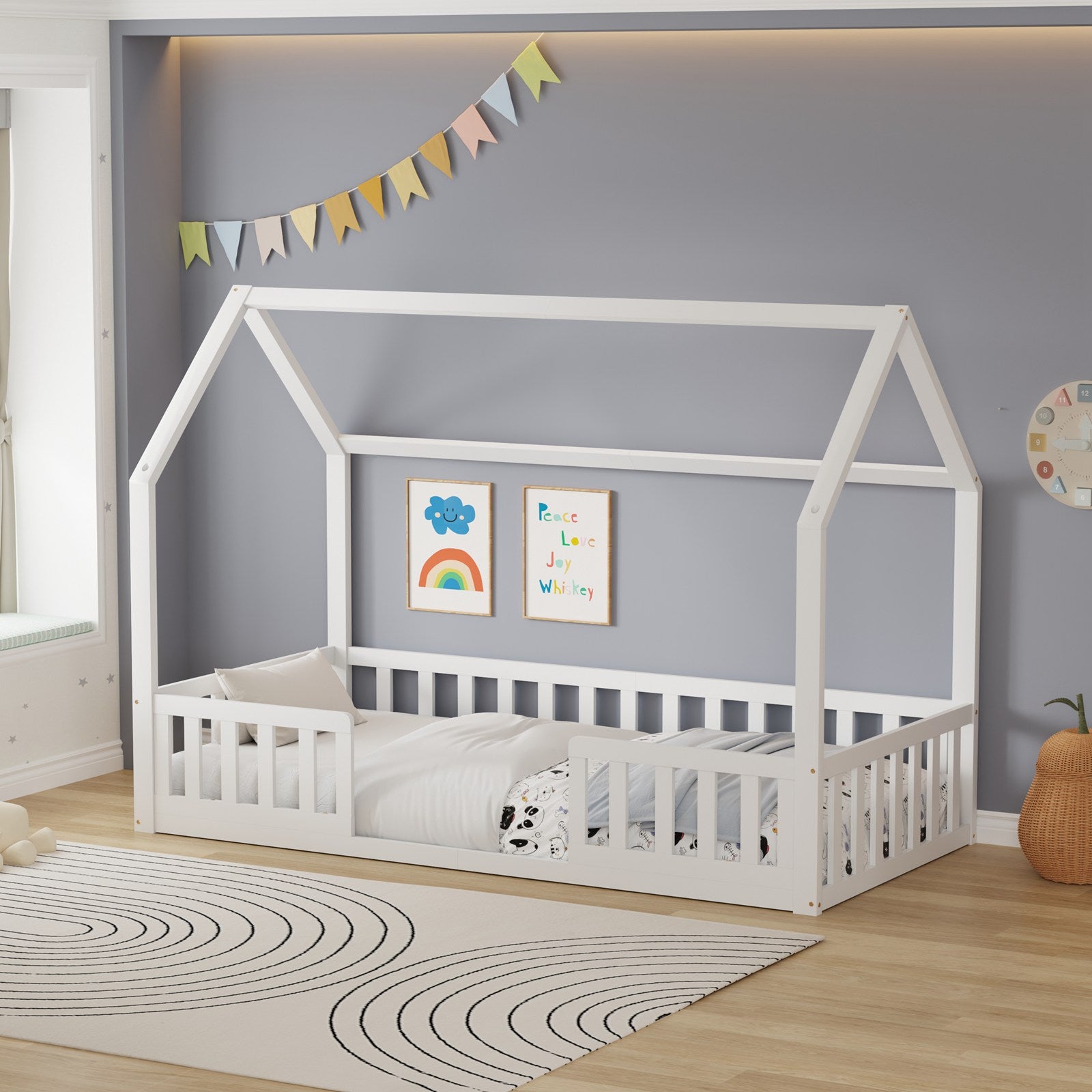 WestWood Wooden House Shaped Toddler Bed Frame with Split Safety Guard Rail