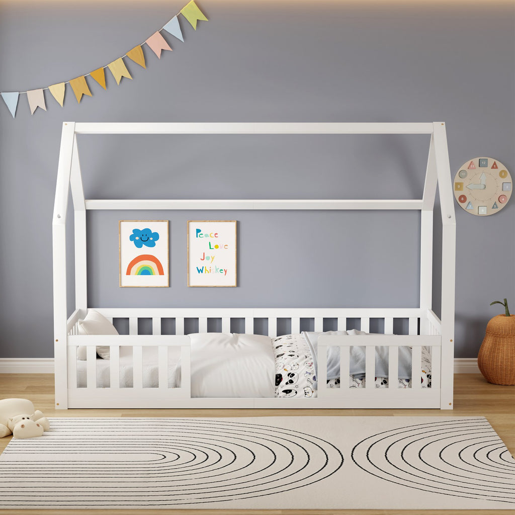 WestWood Wooden House Shaped Toddler Bed Frame with Split Safety Guard Rail