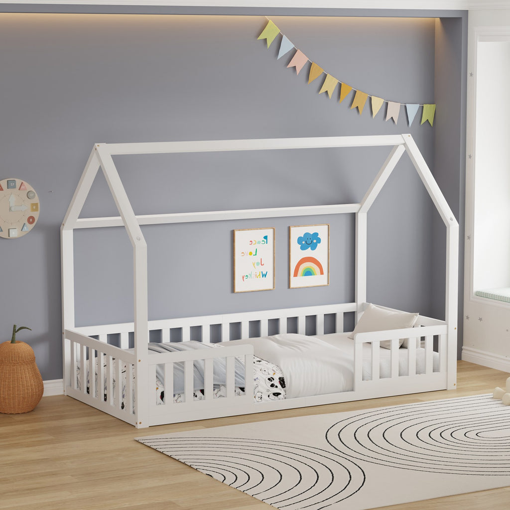 WestWood Wooden House Shaped Toddler Bed Frame with Split Safety Guard Rail