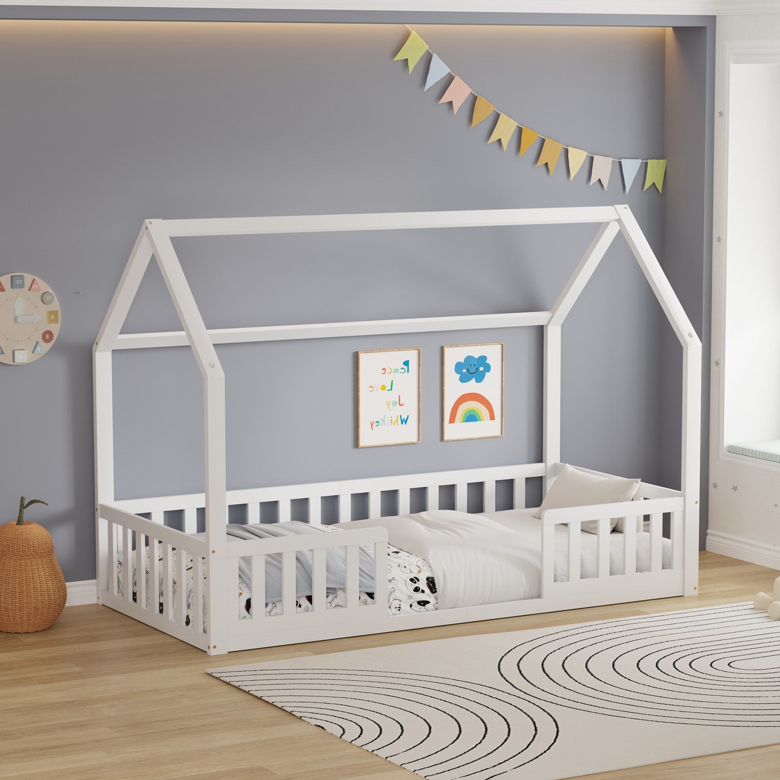 WestWood Wooden House Shaped Toddler Bed Frame with Split Safety Guard Rail