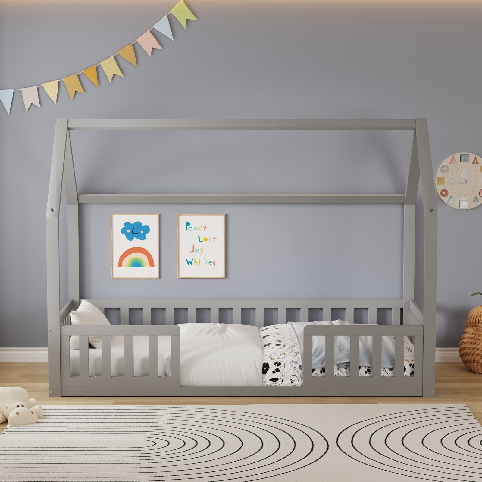 WestWood Wooden House Shaped Toddler Bed Frame with Split Safety Guard Rail