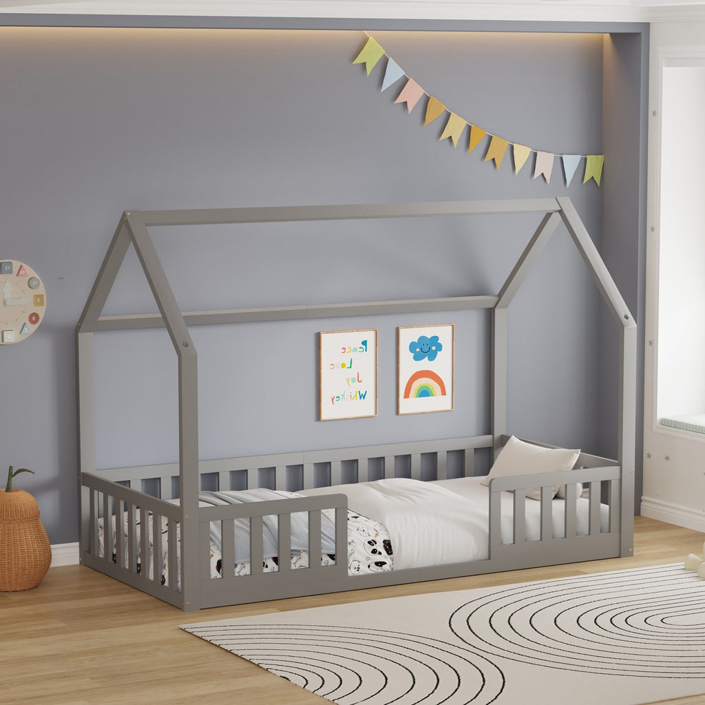 WestWood Wooden House Shaped Toddler Bed Frame with Split Safety Guard Rail