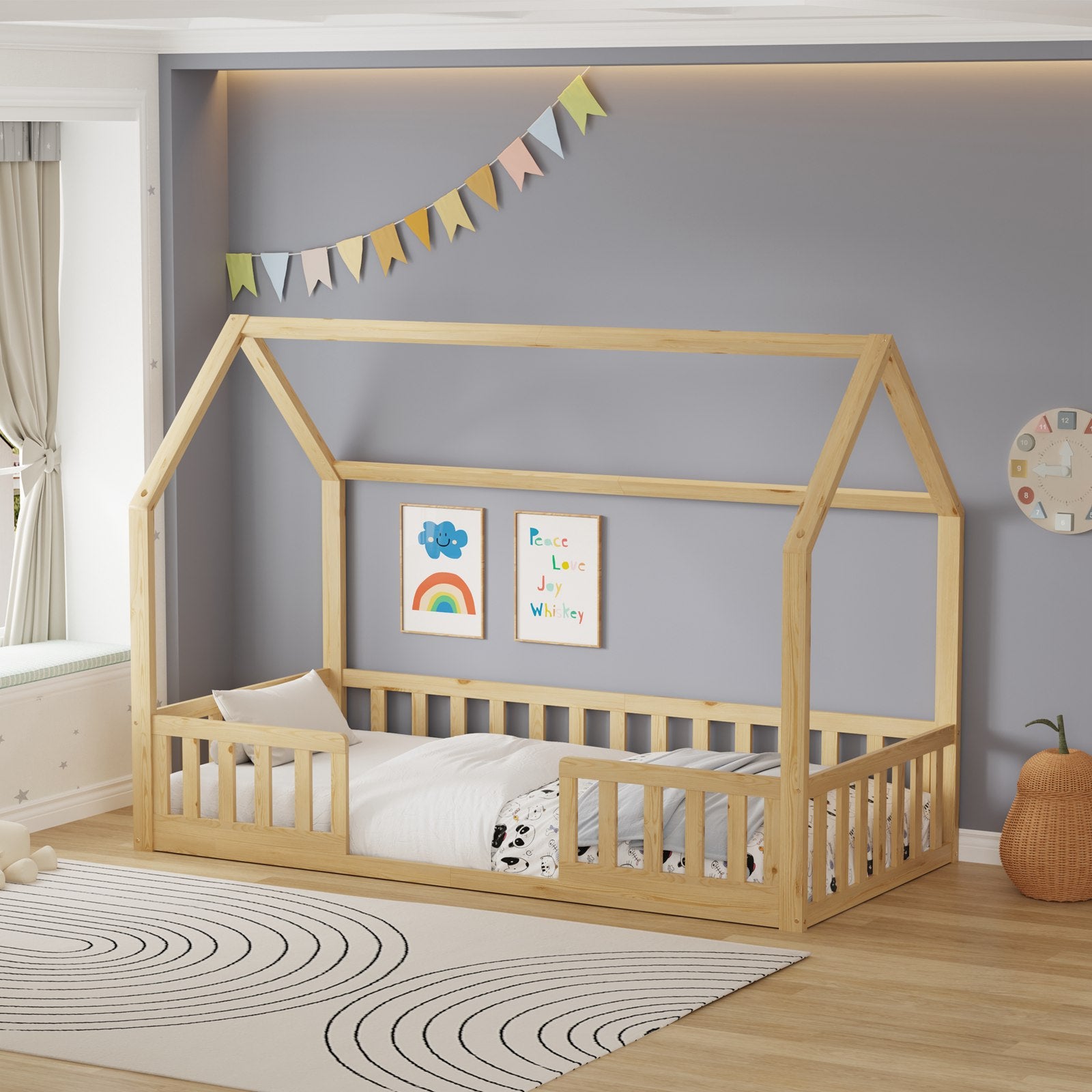 WestWood Wooden House Shaped Toddler Bed Frame with Split Safety Guard Rail