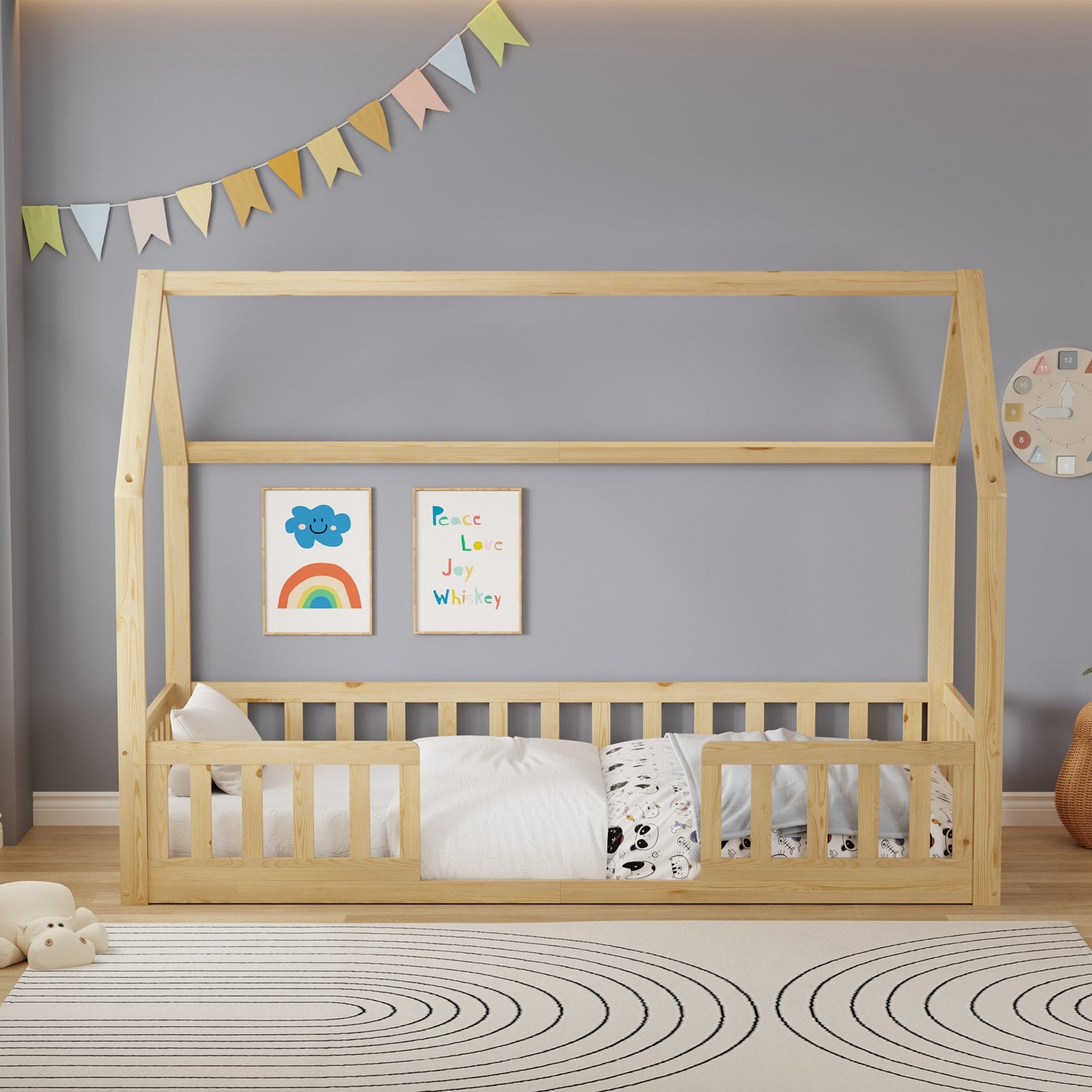 WestWood Wooden House Shaped Toddler Bed Frame with Split Safety Guard Rail