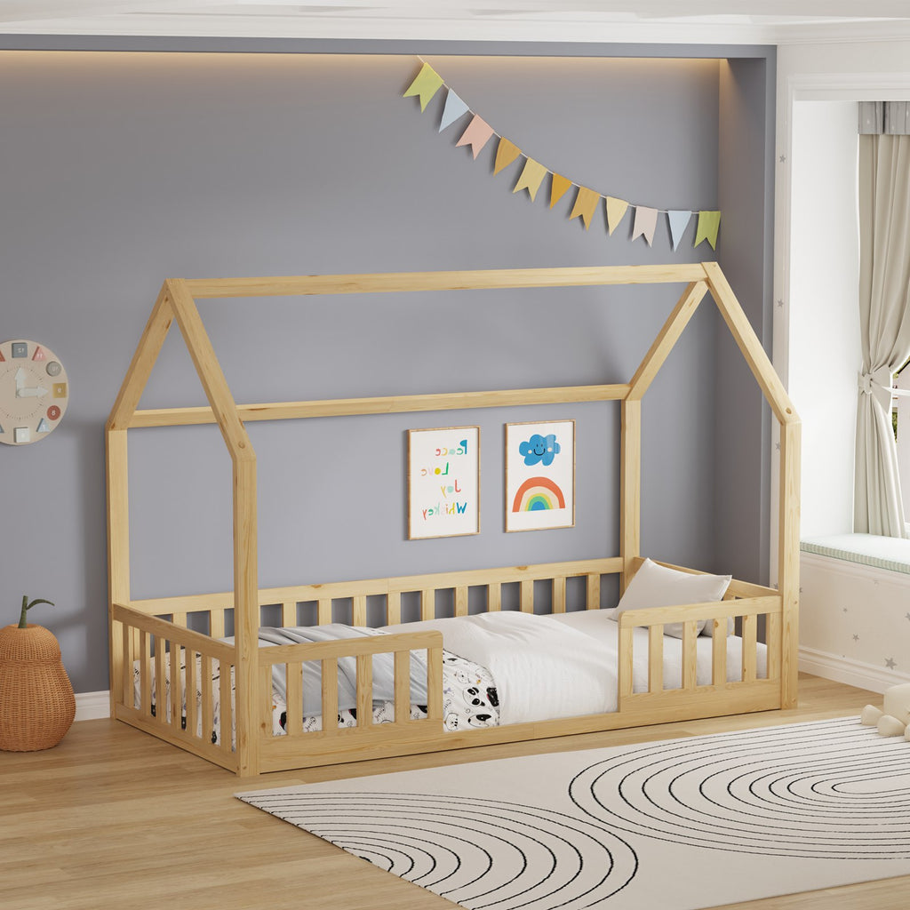 WestWood Wooden House Shaped Toddler Bed Frame with Split Safety Guard Rail
