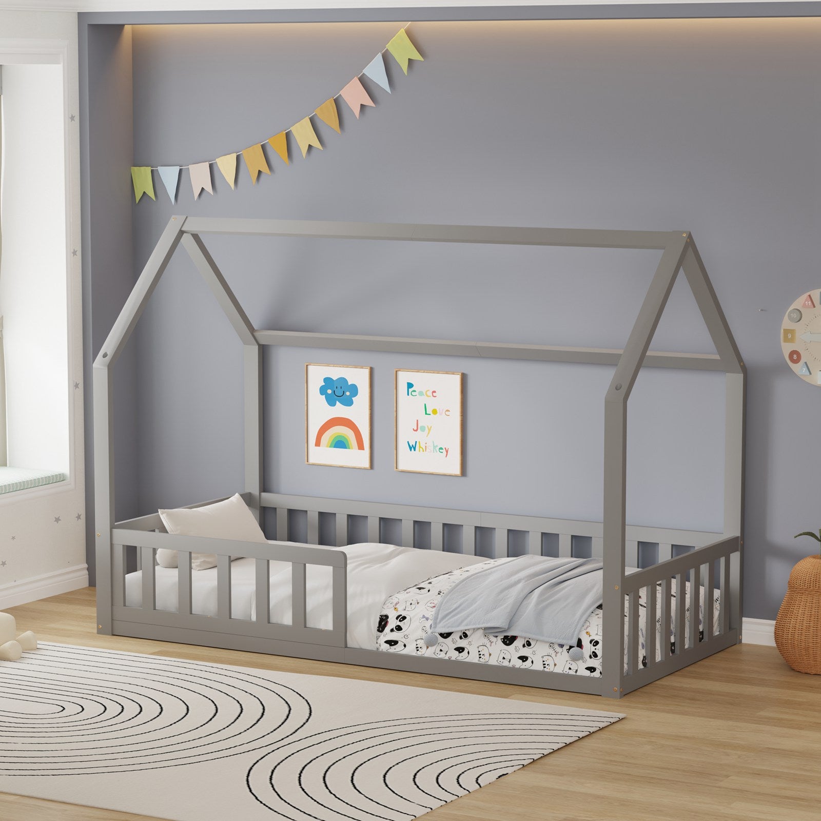 WestWood Wooden House Shaped Toddler Bed Frame with Half-Length Guard Rail