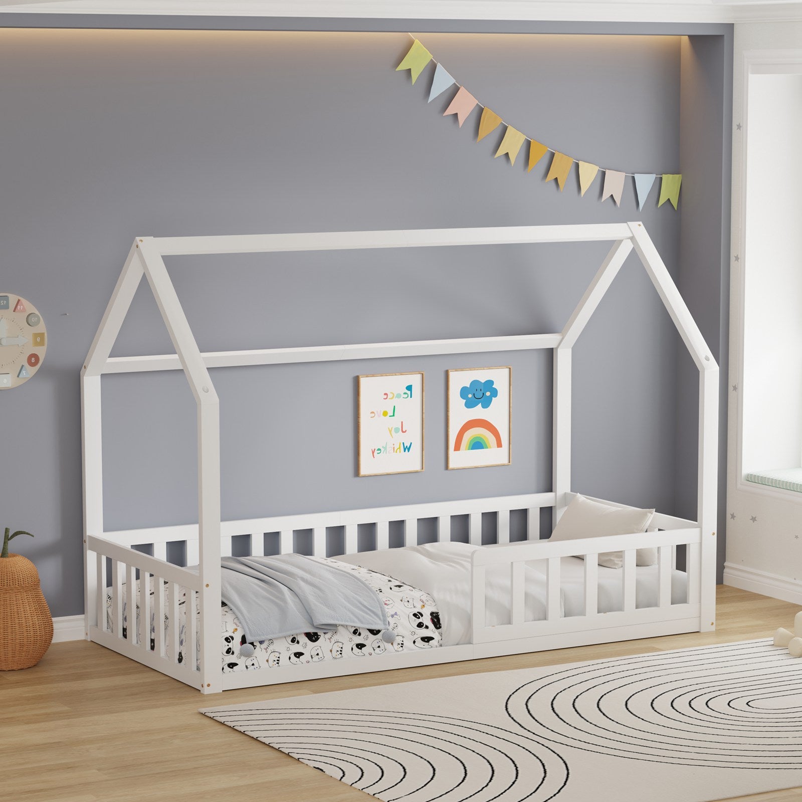 WestWood Wooden House Shaped Toddler Bed Frame with Half-Length Guard Rail