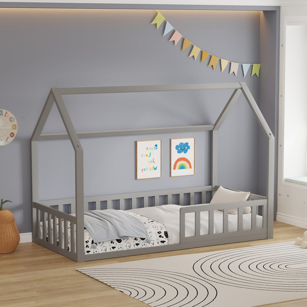 WestWood Wooden House Shaped Toddler Bed Frame with Half-Length Guard Rail