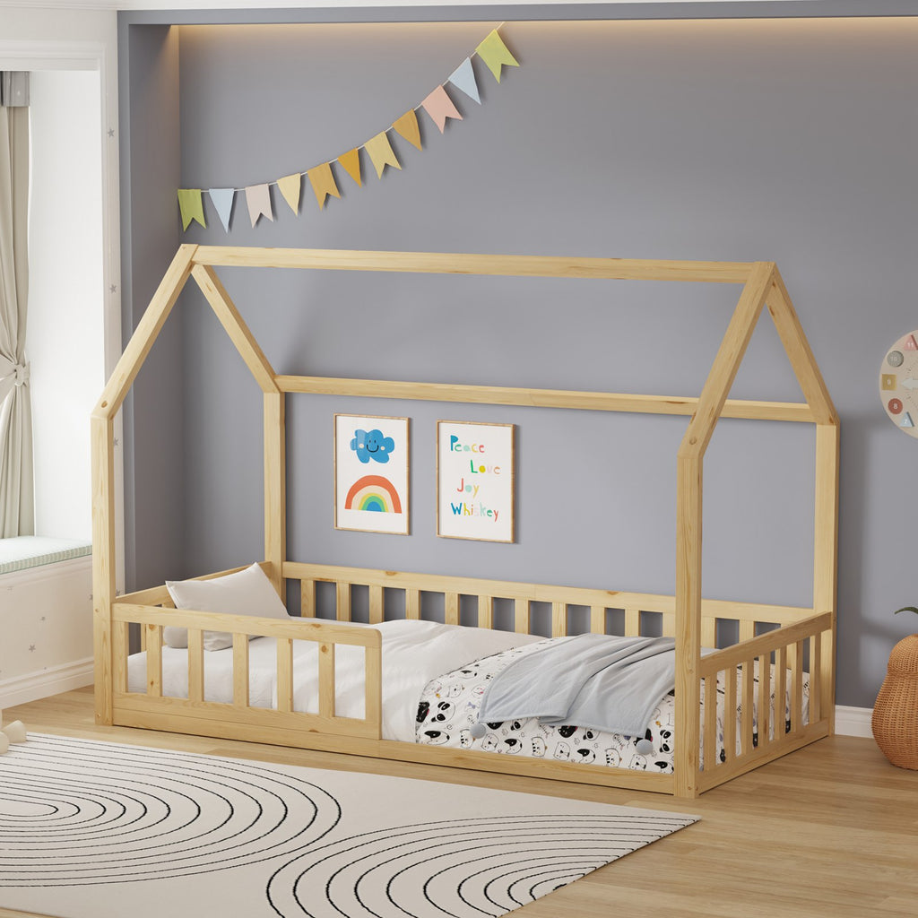 WestWood Wooden House Shaped Toddler Bed Frame with Half-Length Guard Rail