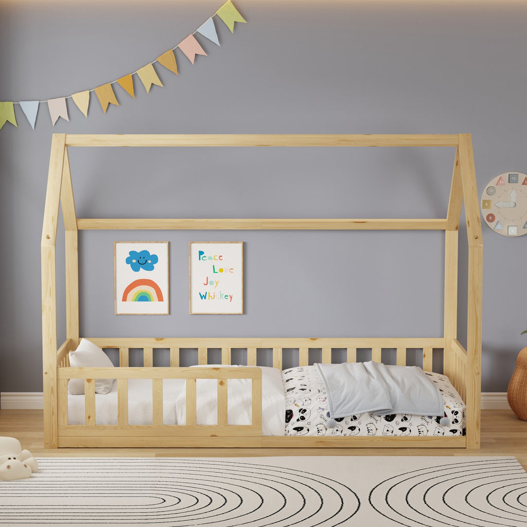 WestWood Wooden House Shaped Toddler Bed Frame with Half-Length Guard Rail