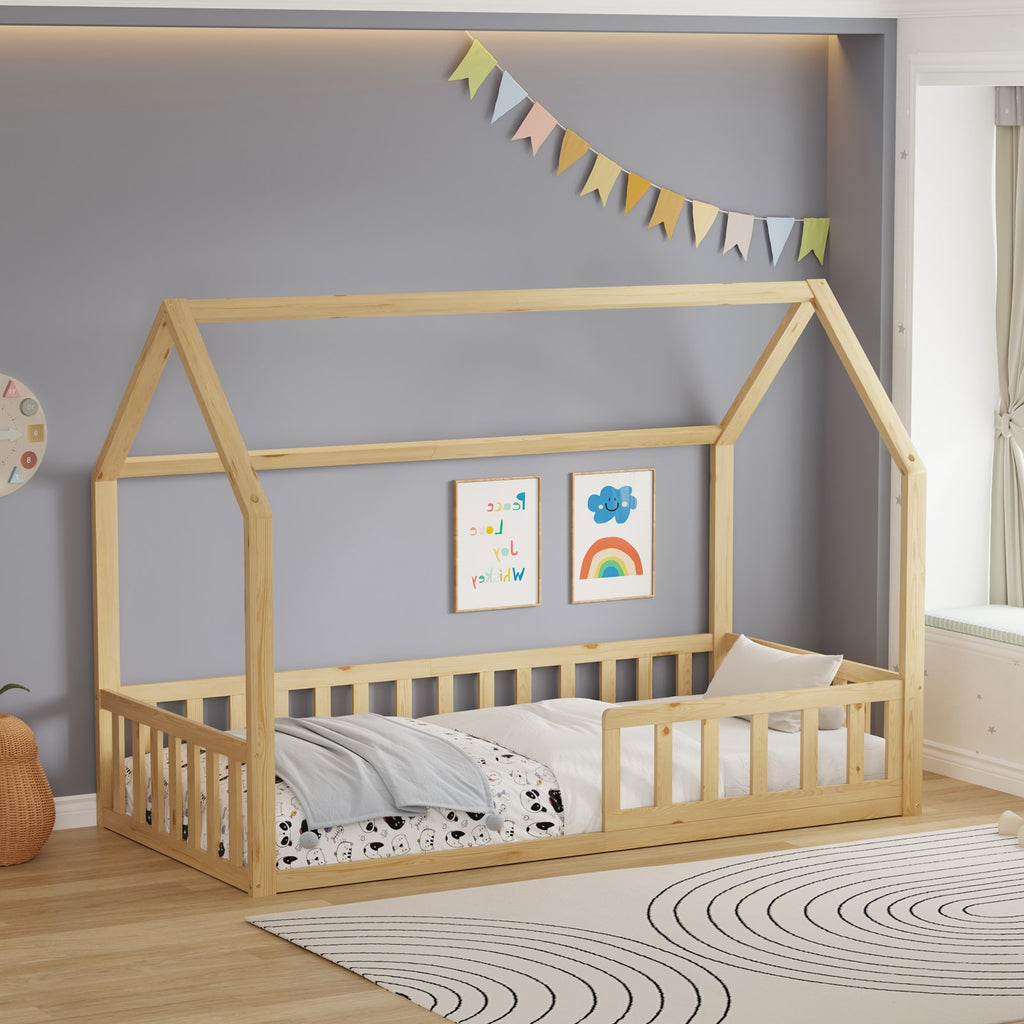 WestWood Wooden House Shaped Toddler Bed Frame with Half-Length Guard Rail