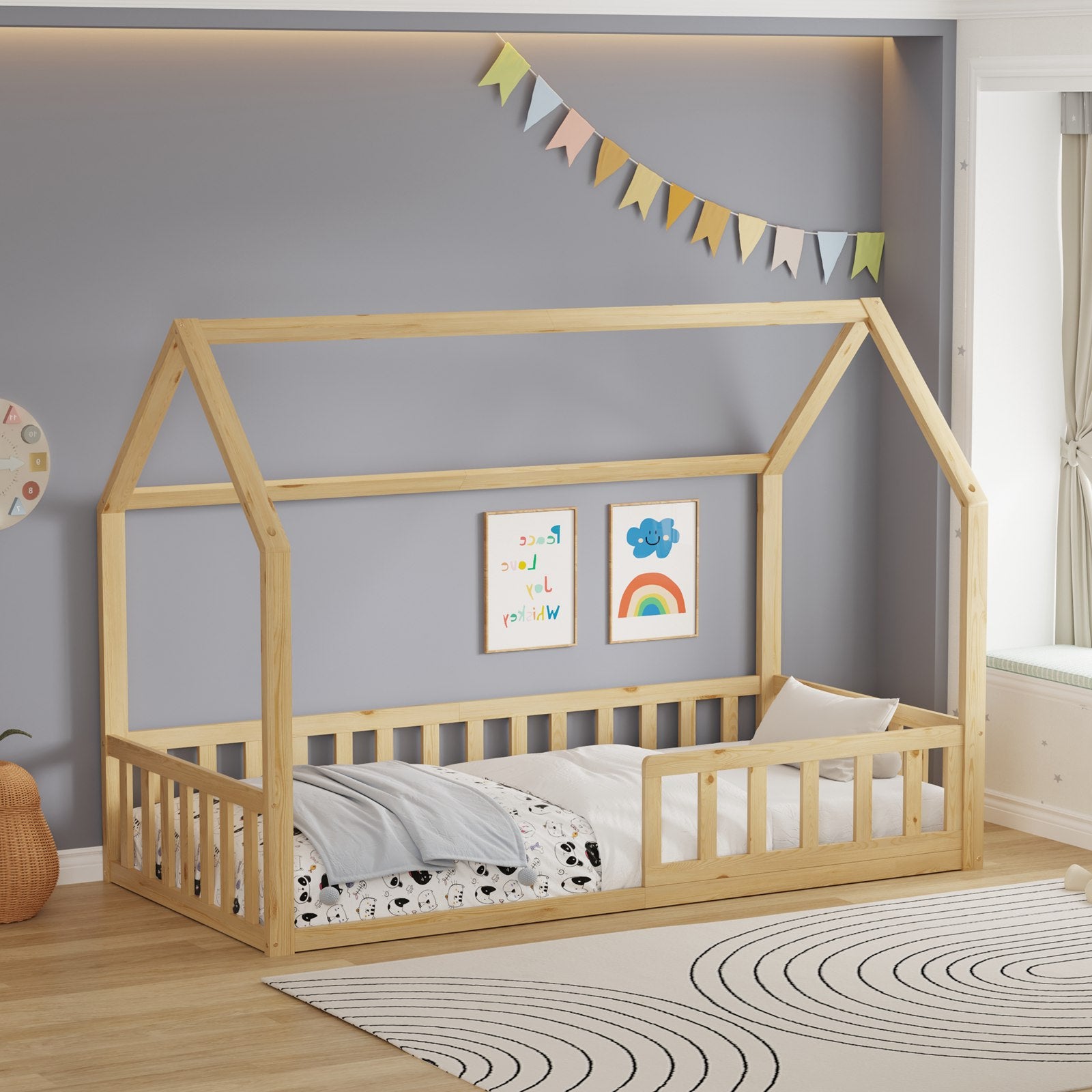 WestWood Wooden House Shaped Toddler Bed Frame with Half-Length Guard Rail