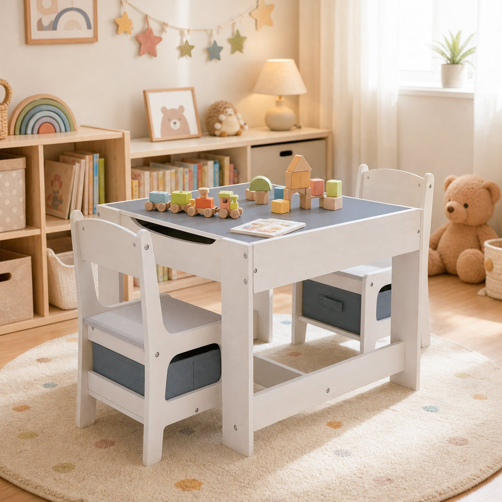 GALACTICA Kids Table and 2 Chairs Set with Storage