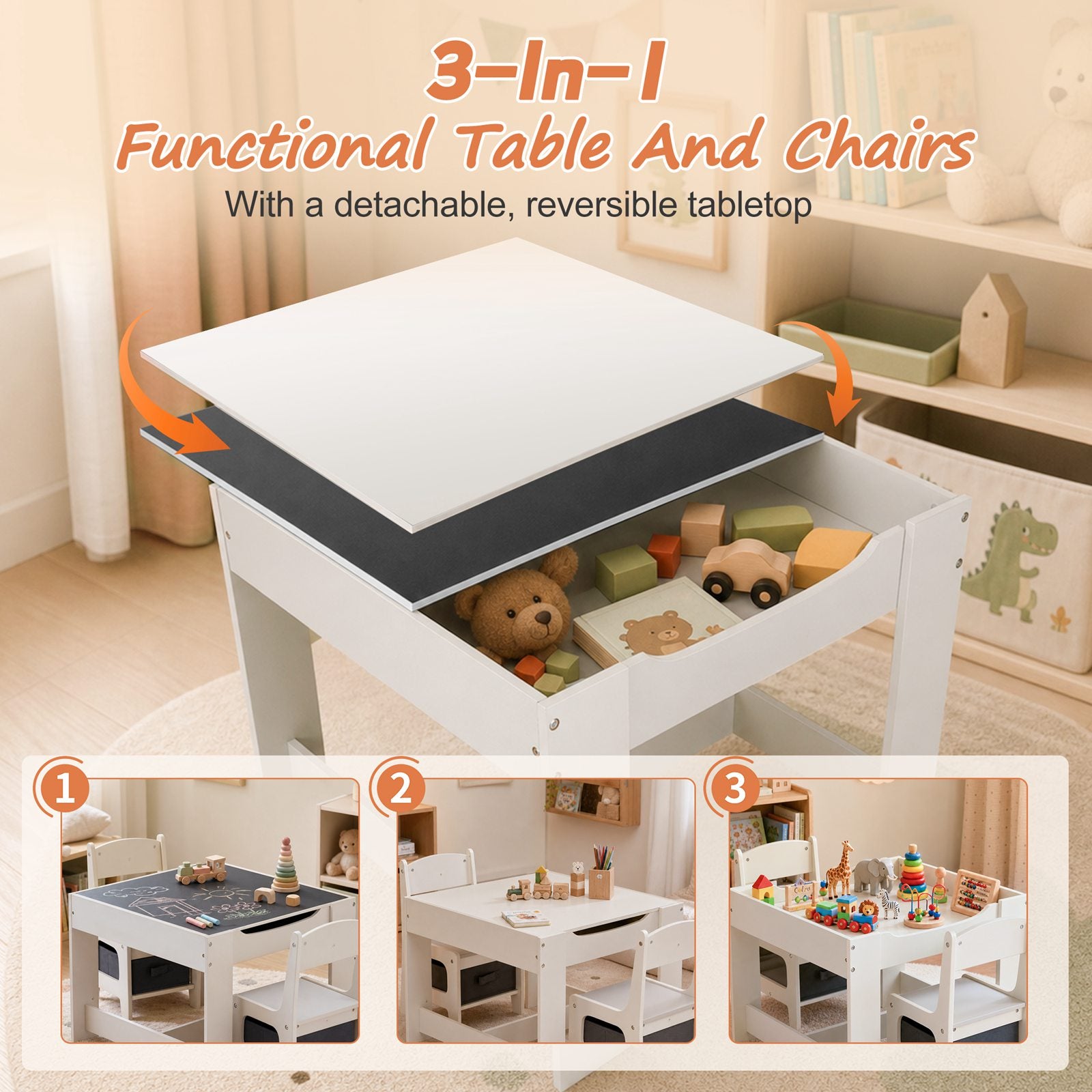 GALACTICA Kids Table and 2 Chairs Set with Storage