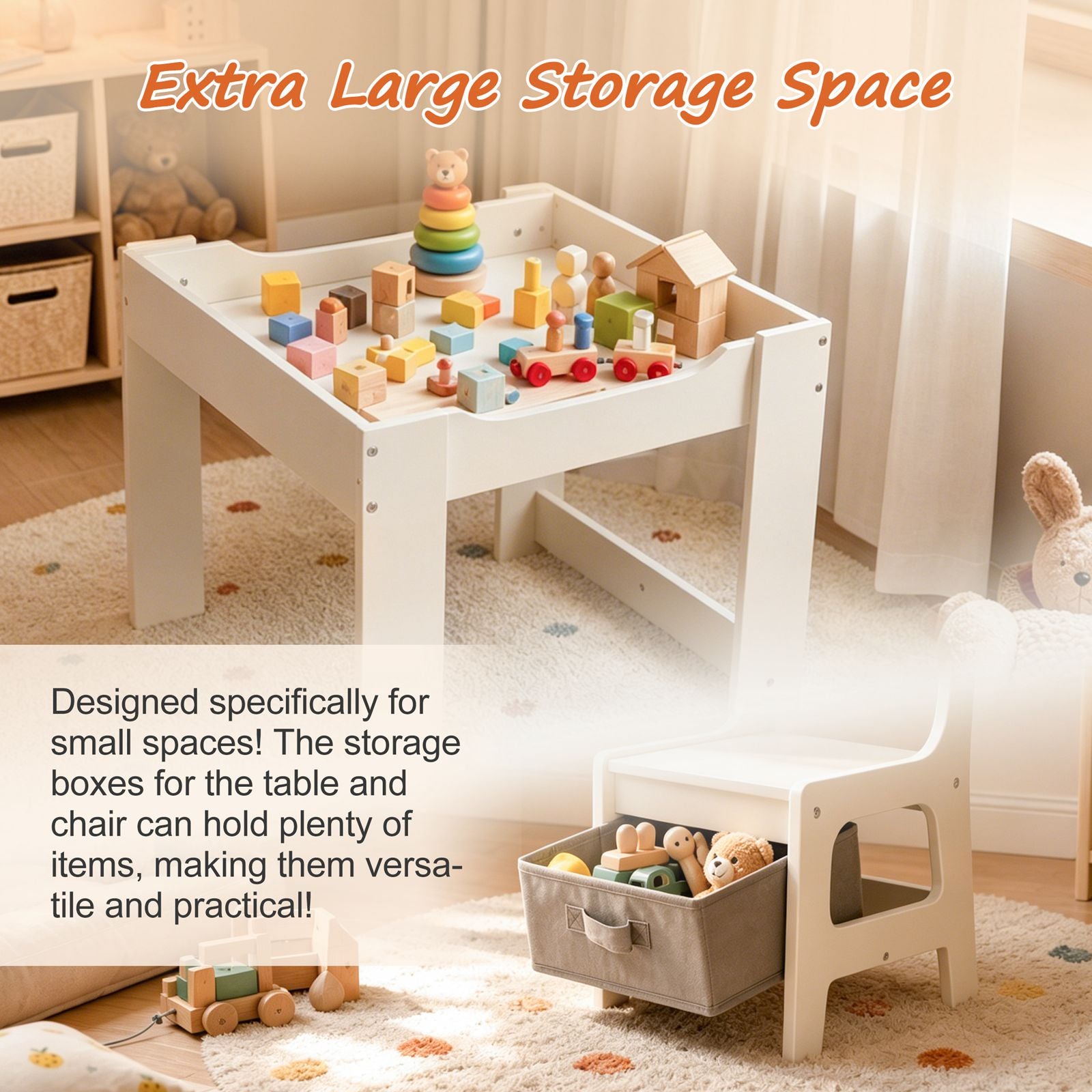 GALACTICA Kids Table and 2 Chairs Set with Storage
