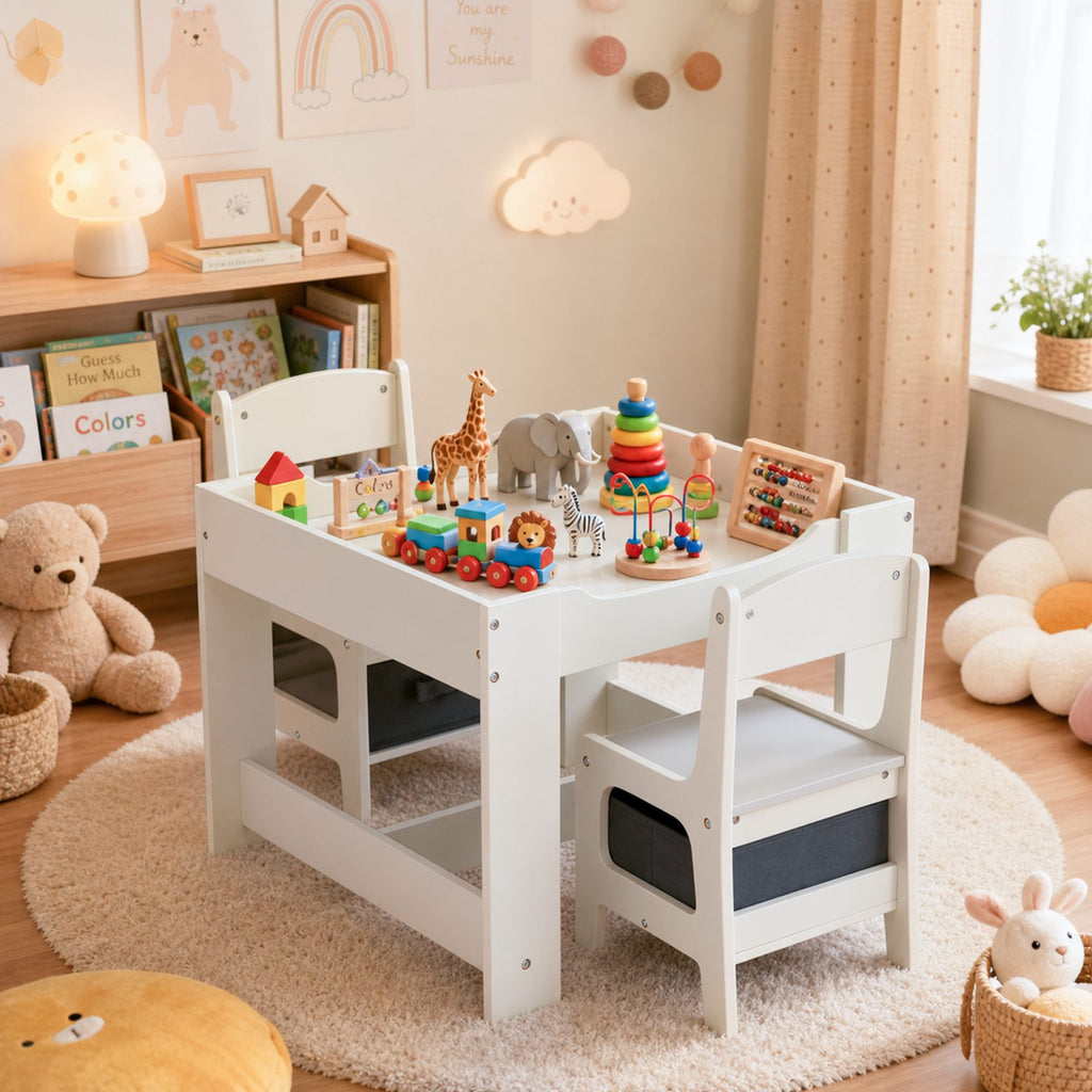 GALACTICA Kids Table and 2 Chairs Set with Storage