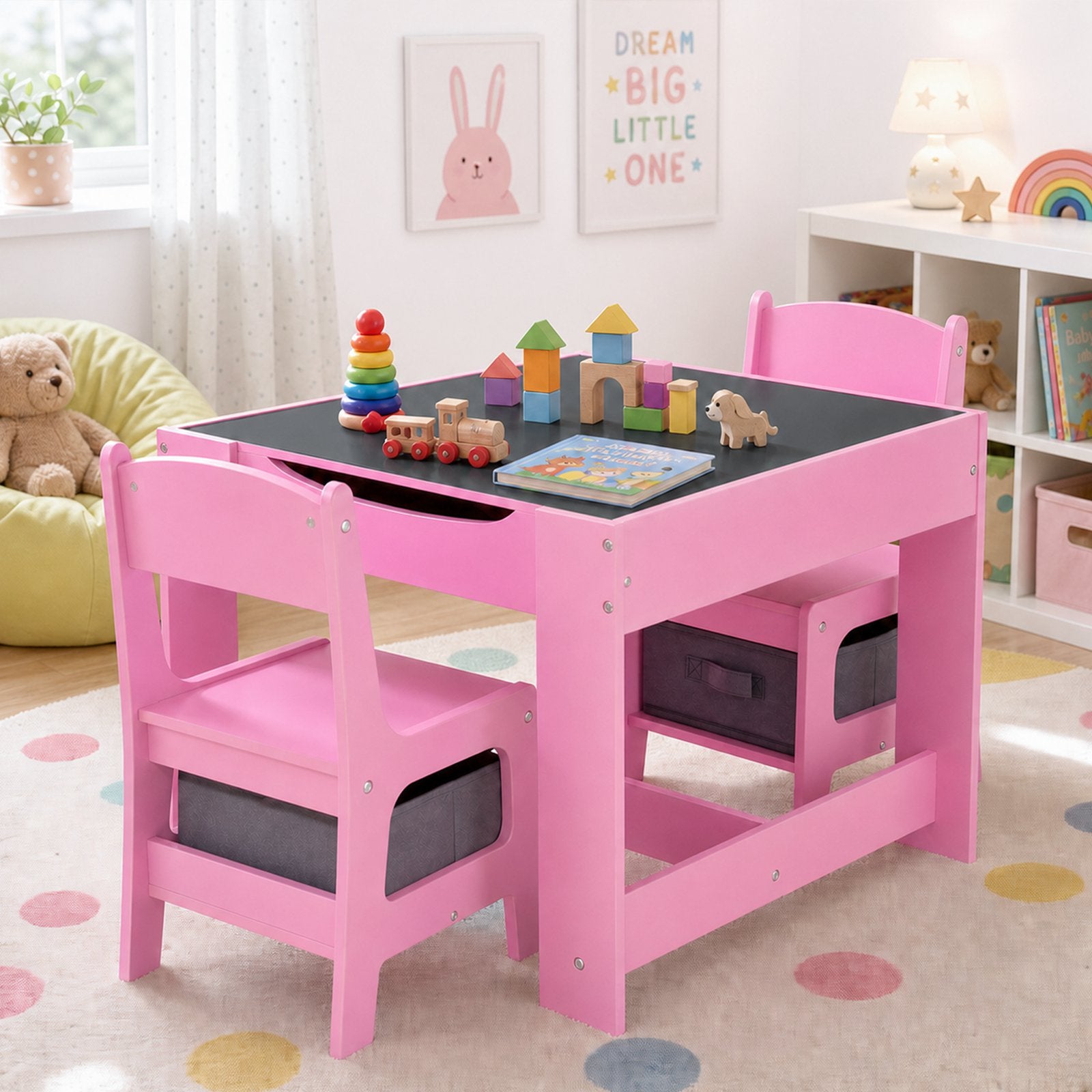 GALACTICA Kids Table and 2 Chairs Set with Storage