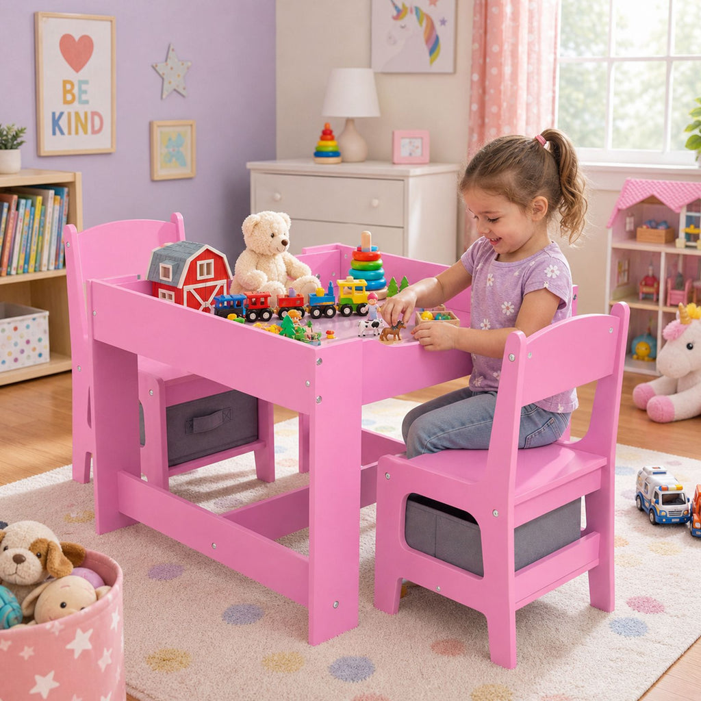 GALACTICA Kids Table and 2 Chairs Set with Storage