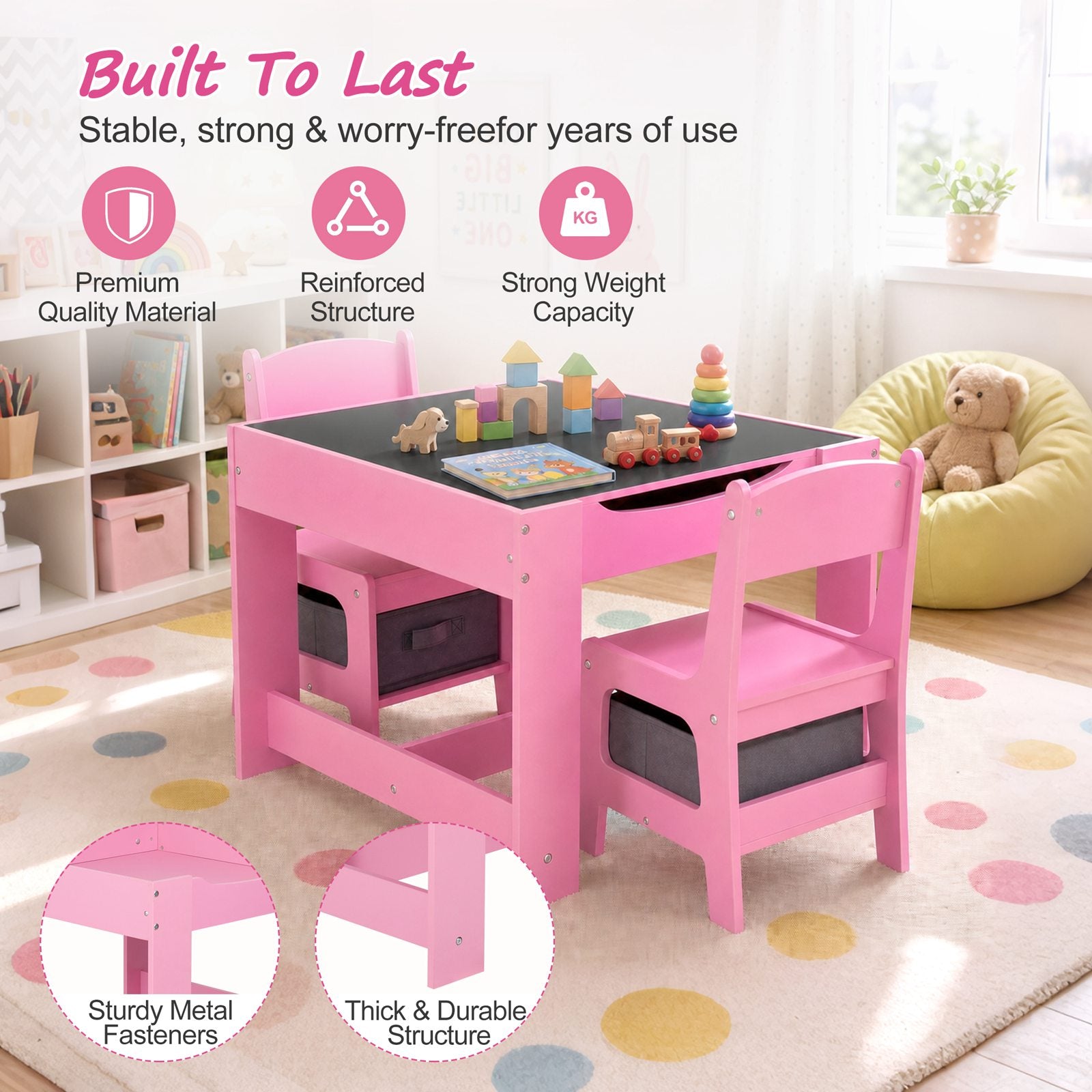 GALACTICA Kids Table and 2 Chairs Set with Storage