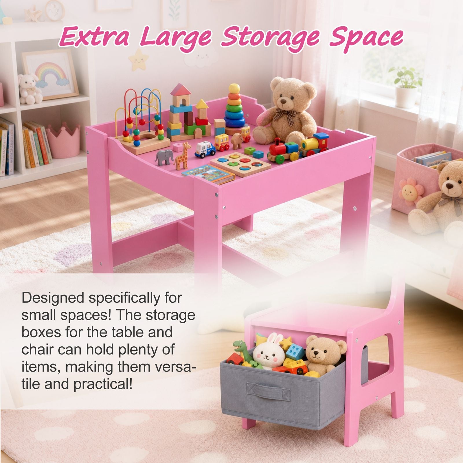 GALACTICA Kids Table and 2 Chairs Set with Storage