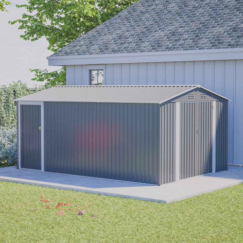 Large garden shed attached to a house with trees and grass in the background