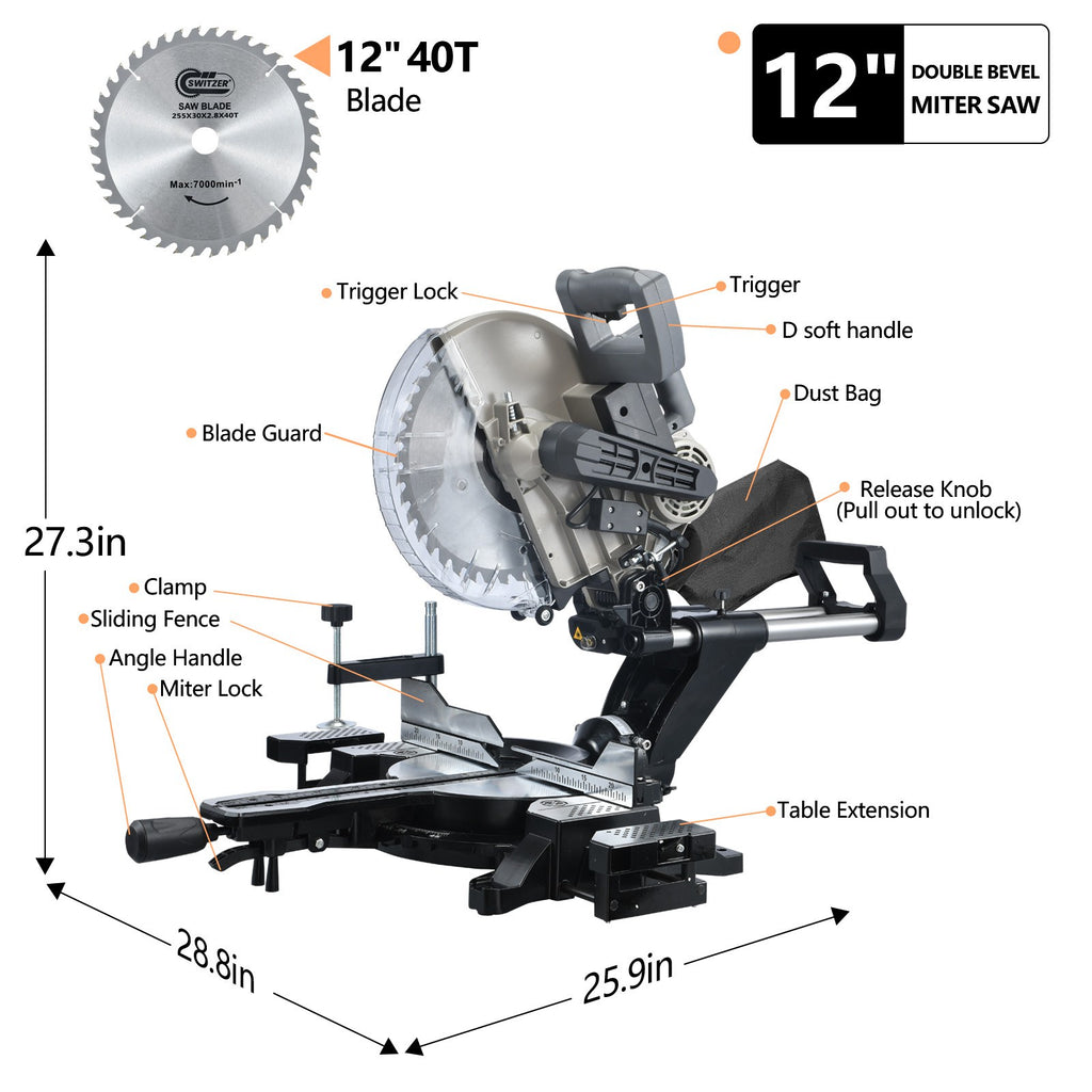 SwitZer 12" Sliding Mitre Saw 1800W Double Bevel