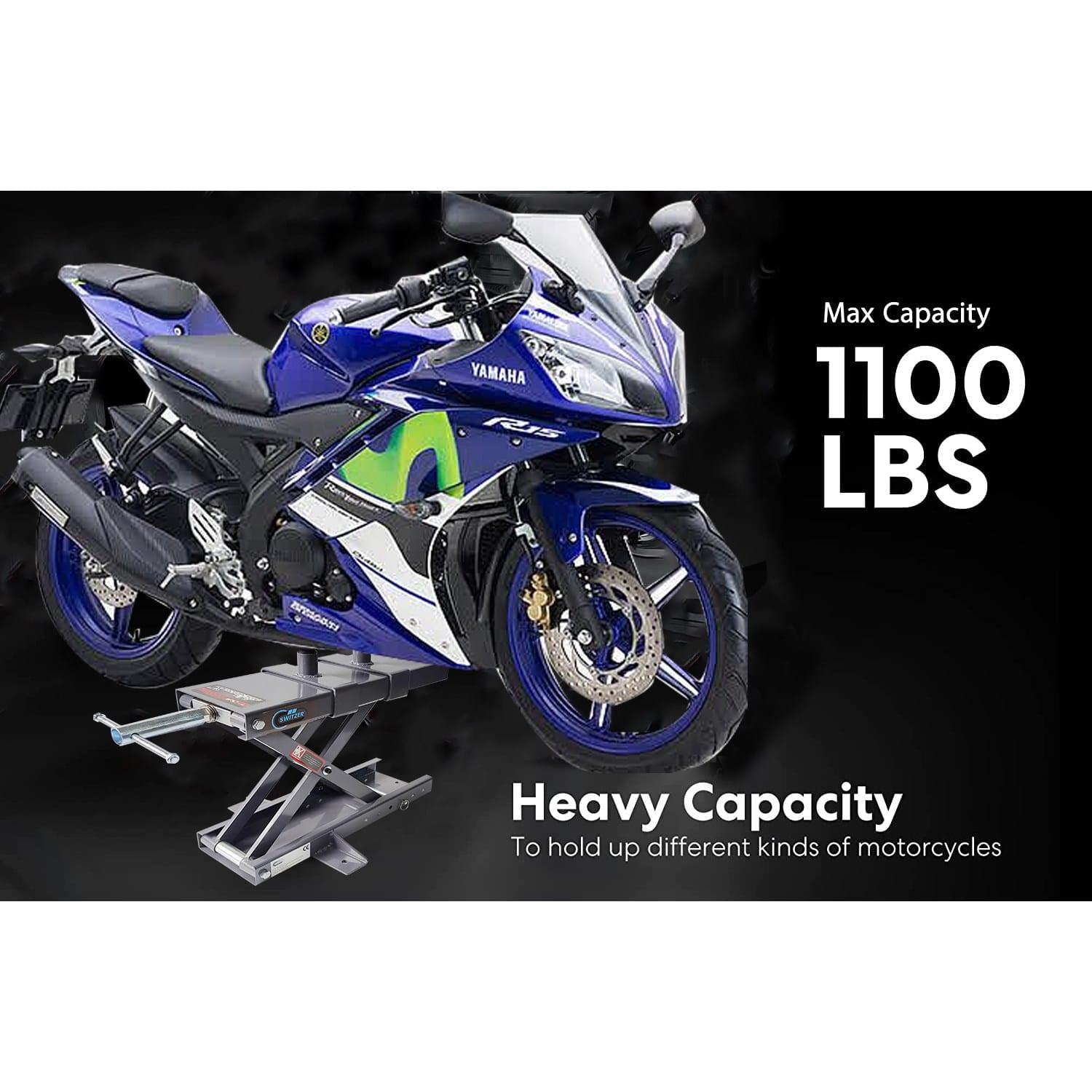 Blue and white motorcycle on a motorbike scissor lift with text indicating maximum capacity of 1100 lbs.