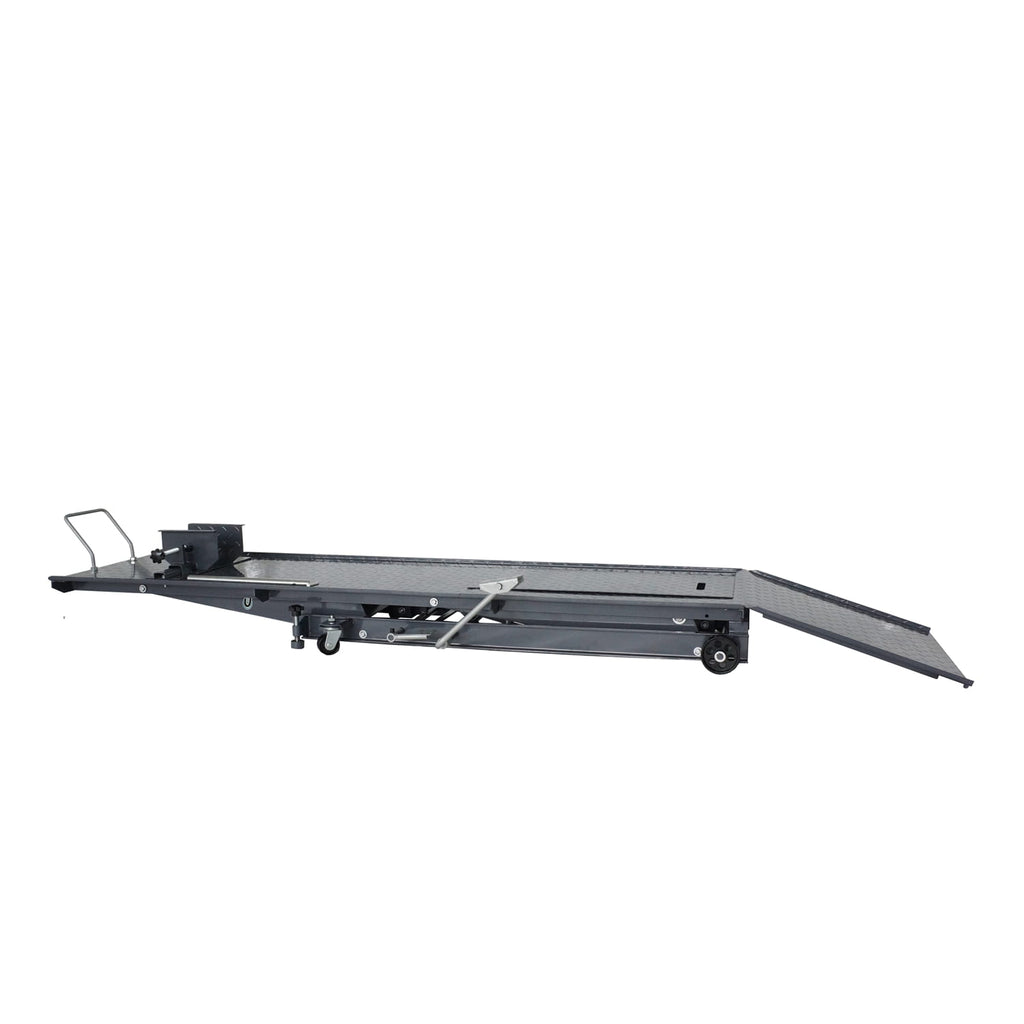 Motorcycle Lift bench with a ramp on a white background.