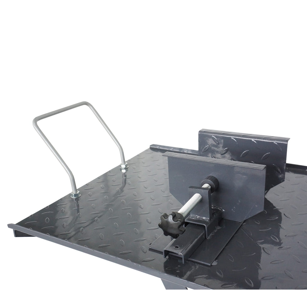 Metal motorcycle lift bench with handle and lever on a white background