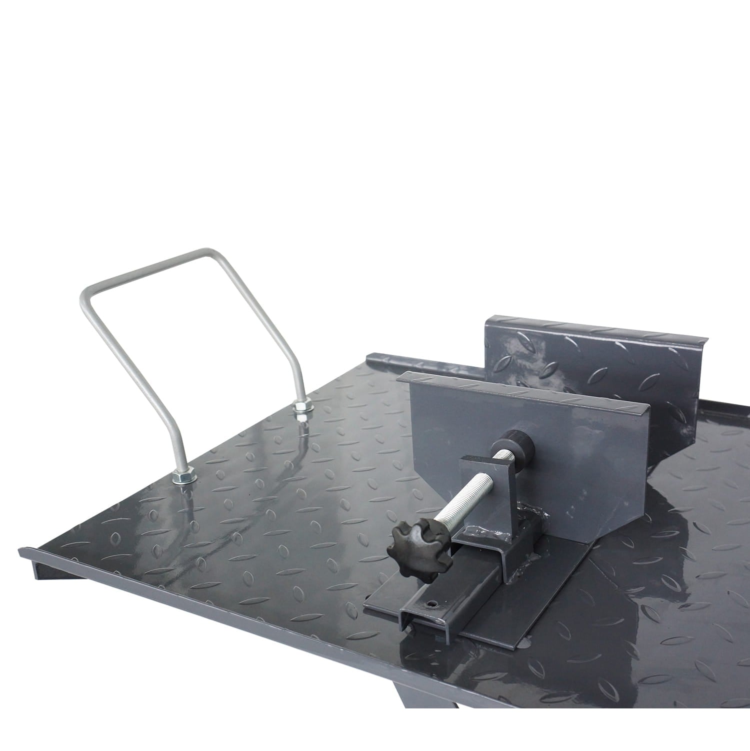 Metal motorcycle lift bench with handle and lever on a white background
