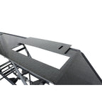 Metal motorcycle lift bench ramp with textured surface on a white background