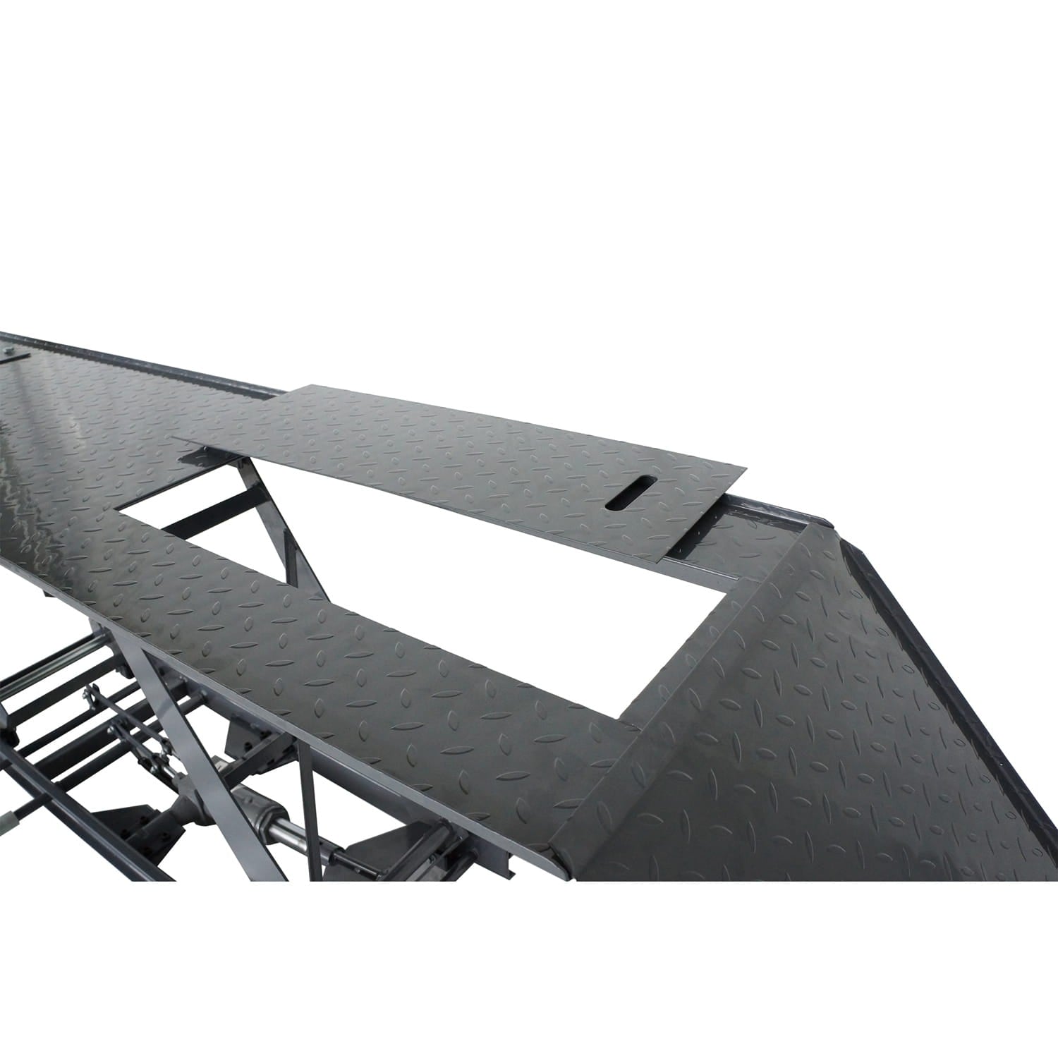 Metal motorcycle lift bench ramp with textured surface on a white background
