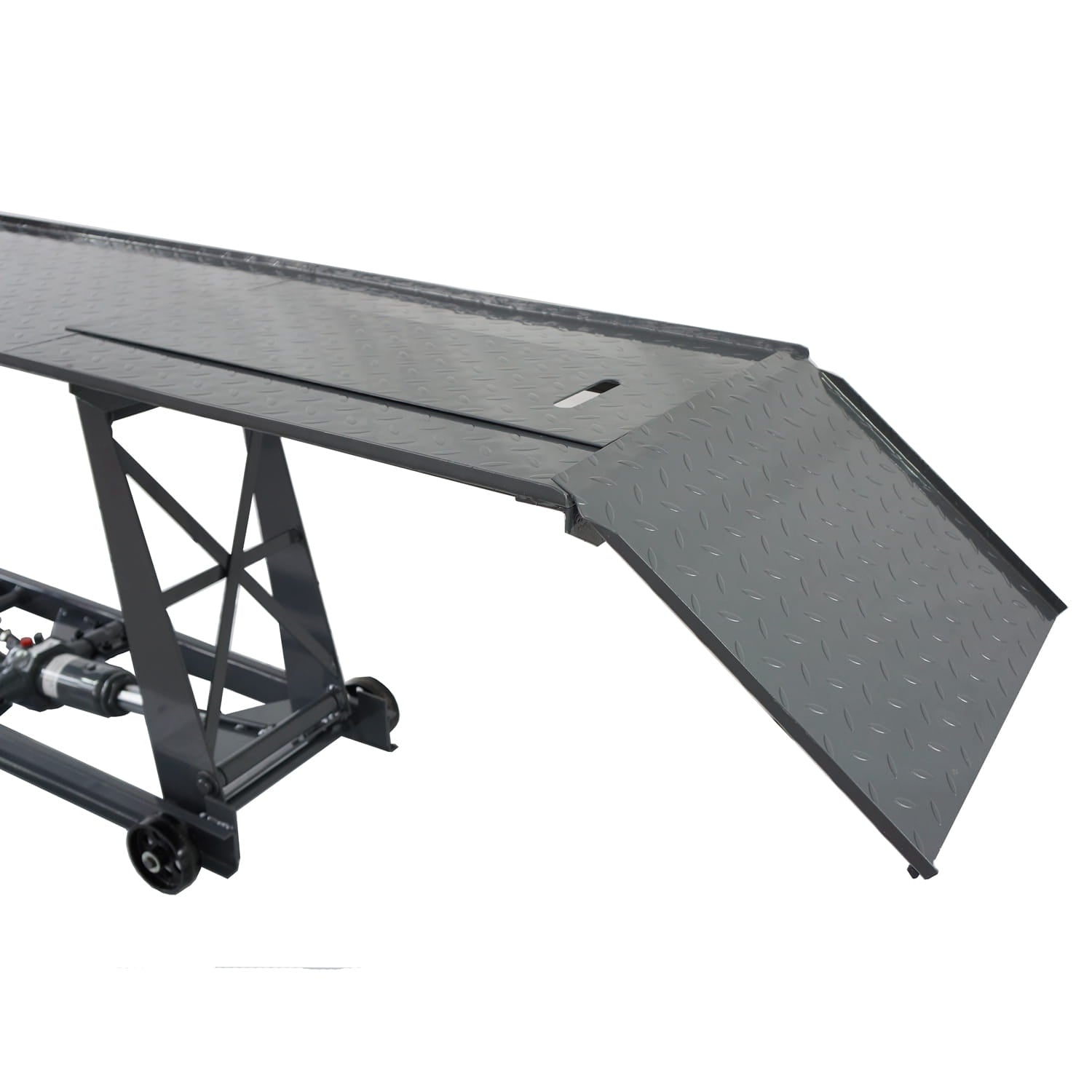 Grey motocycle lift bench metal ramp with wheels on a white background
