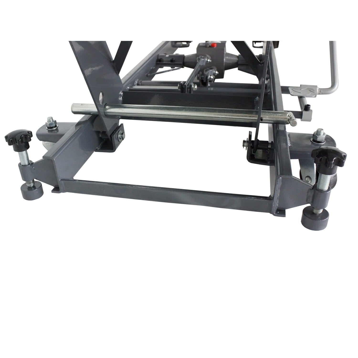 Metal motorcycle lift bench frame with adjustable legs on a white background