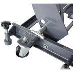 Close-up of a metal mechanical component from a hydraulic motorcycle lift on a white background
