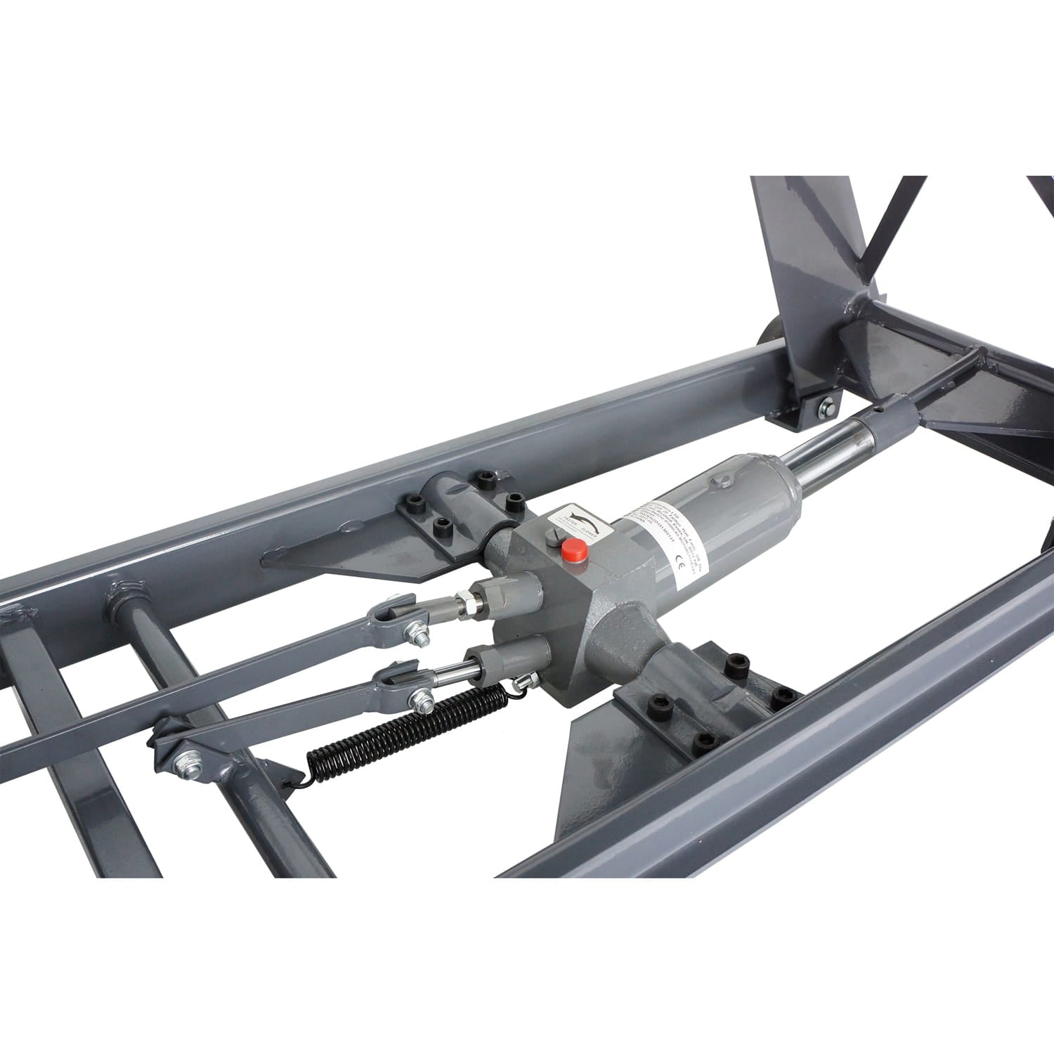 Motorcycle lift bench and mechanical component with a red button on a white background