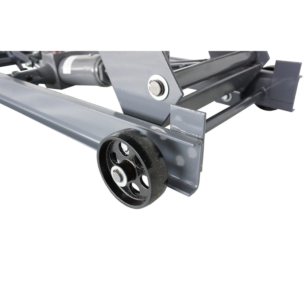 Close-up of a metal motorcycle lift bench with wheels on a white background