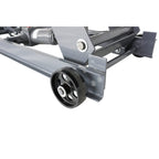 Close-up of a metal motorcycle lift bench with wheels on a white background