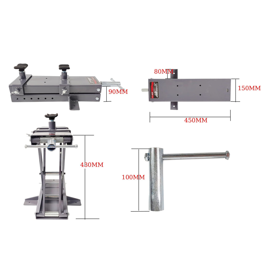 Measurement chart of a metal motorbike scissor lift with dimensions labeled.