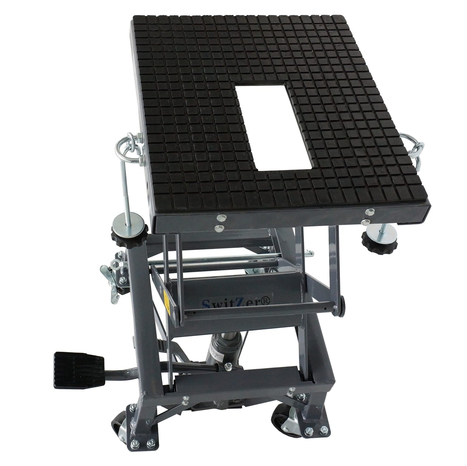 Black rotary motorcycle scissor lift with adjustable height on a white background