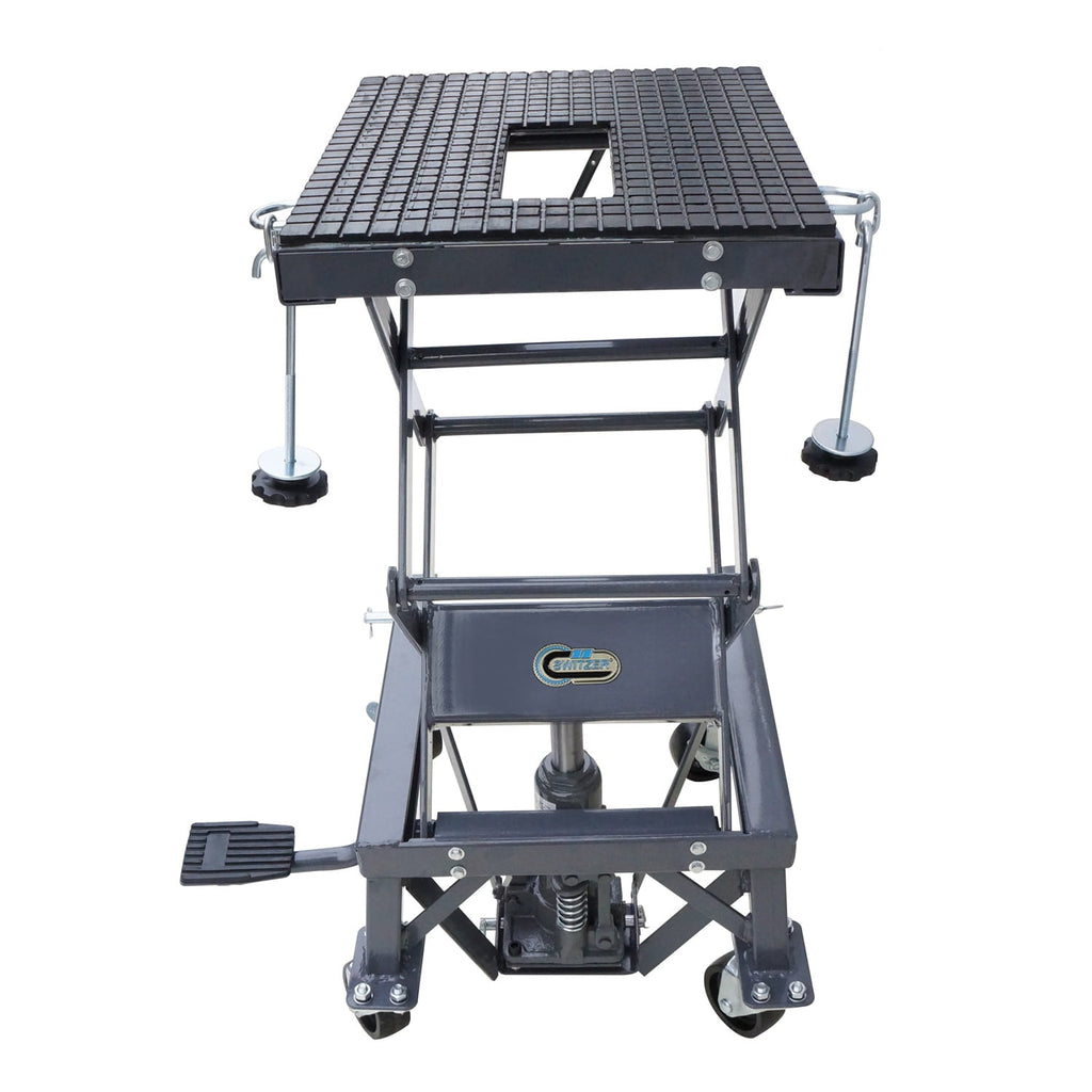 Portable motorcycle scissor lift with adjustable height on a white background