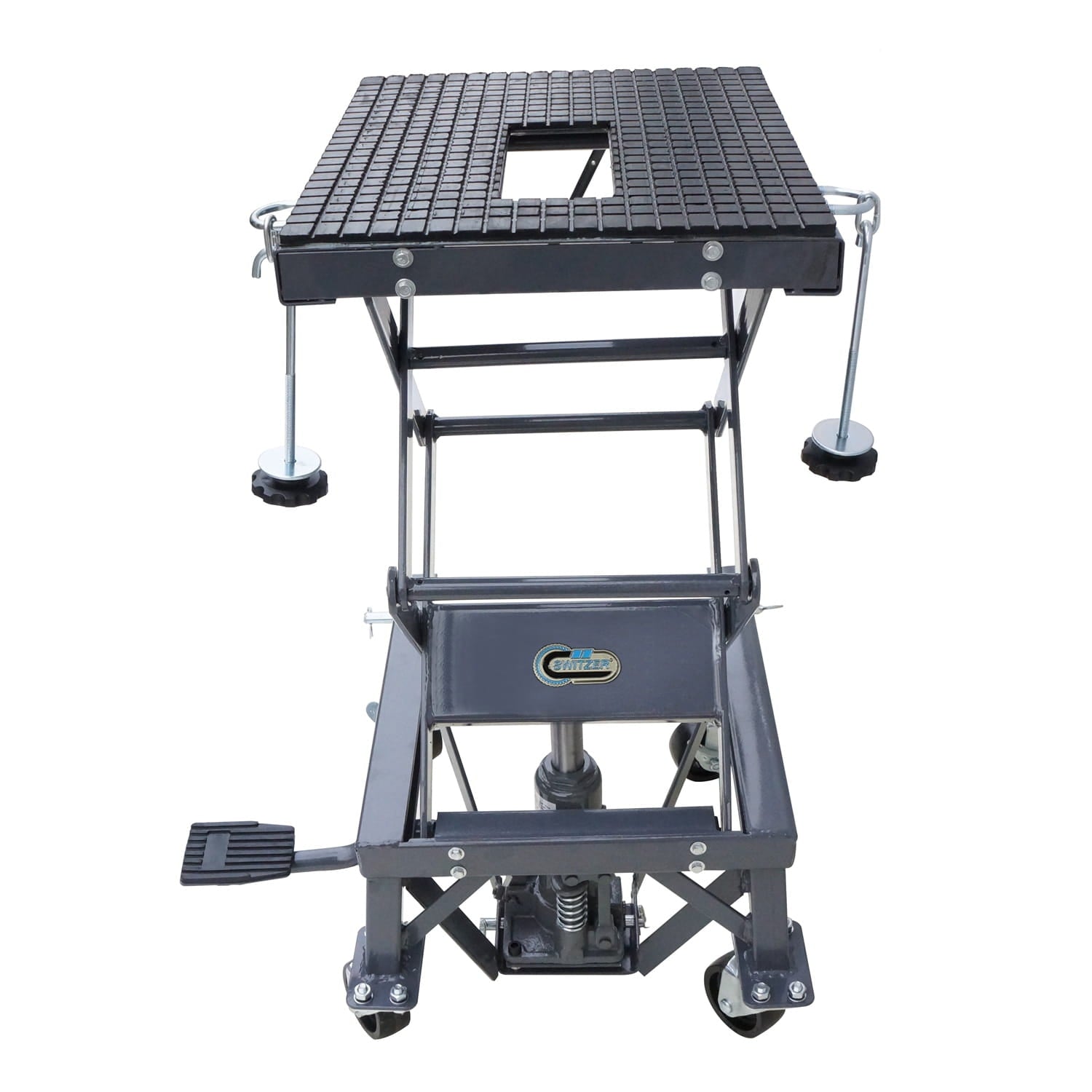 Portable motorcycle scissor lift with adjustable height on a white background