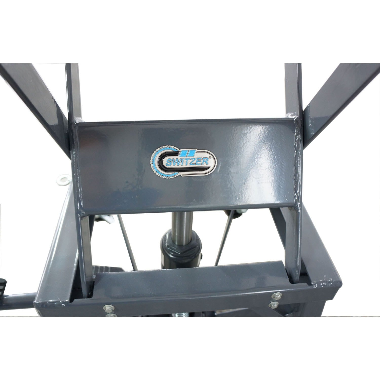 Motorcycle scissor lift with a brand logo on a white background