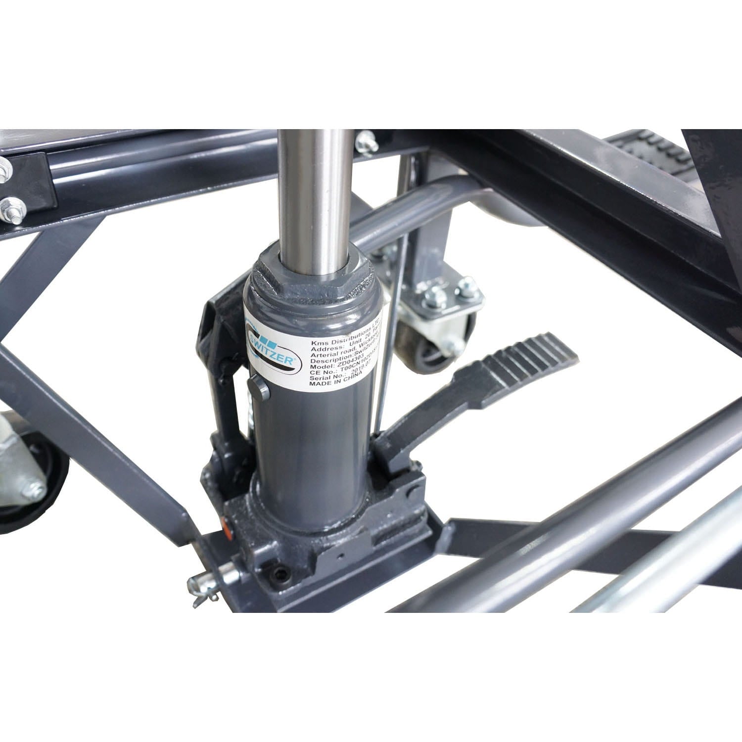 Motorcycle scissor lift close-up of a mechanical component with a white background